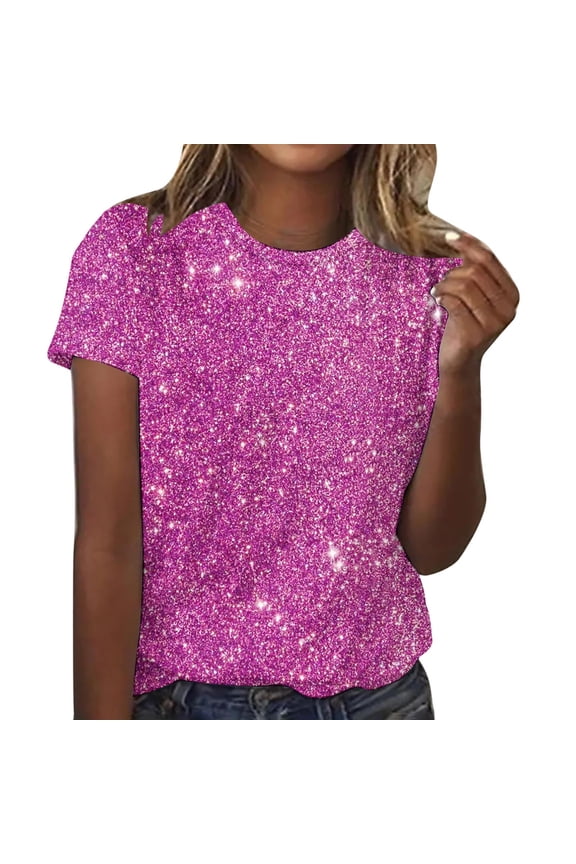 Womens Tops Casual Short Sleeve T-Shirts Summer Tops Fashion Round Neck Sequin Tops for Women Comfort Versatile Going Out Tops Blouses