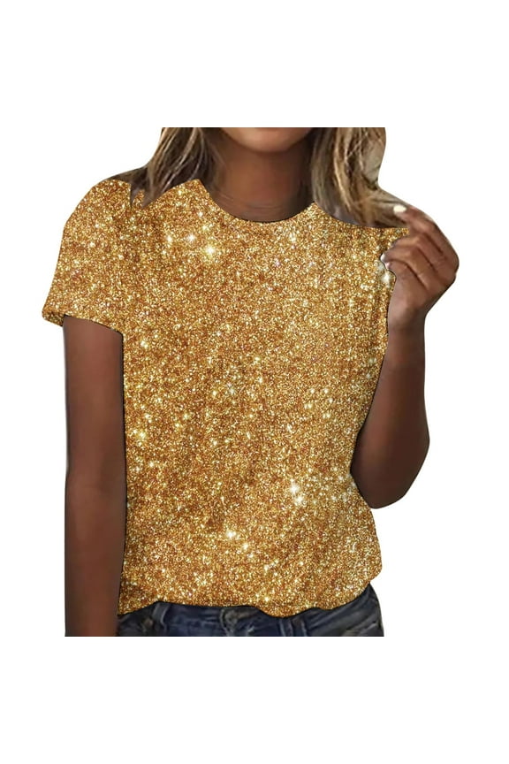 Womens Tops Casual Short Sleeve T-Shirts Summer Tops Fashion Round Neck Sequin Tops for Women Comfort Versatile Going Out Tops Blouses
