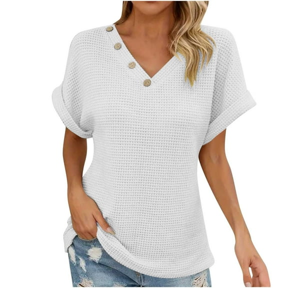 Busydd Womens Tops Casual Stylish V Neck Short Sleeve T Shirts Soft Solid Color Knit Blouses Relaxed Fit Versatile Button Shirts,Spring & Summer Basic Tee Tops for Women