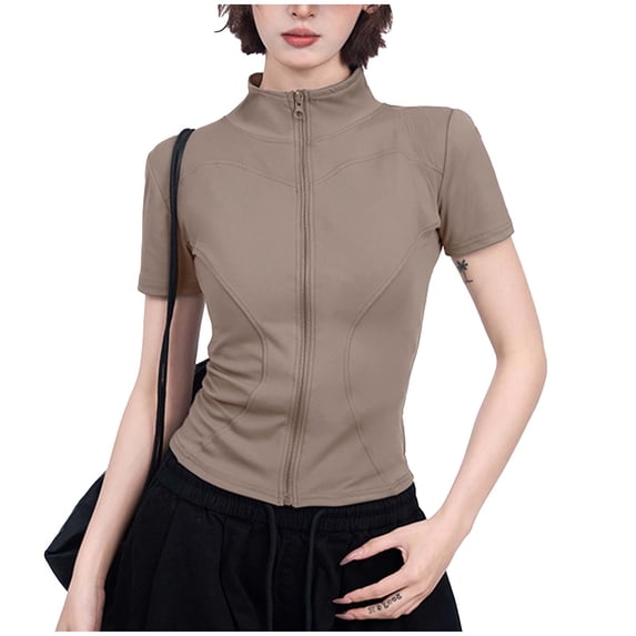 Busydd Womens Tops Casual Summer Solid Color Yoga Workout Tops for Women Fashion Comfy Short Sleeve Zip Up Womens Tshirts 2XL