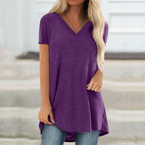Busydd Womens Tops Casual V Neck Short Sleeve Summer T Shirts Plus Size Tops for Women S-5XL Loose Comfort Solid Color Going Out Tops