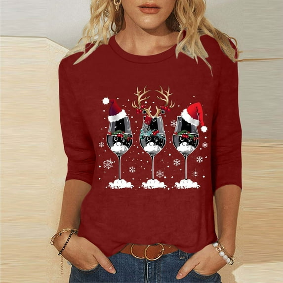 Busydd Womens Tops Christmas Graphic T Shirts for Women Fashion Xmas Round Neck 3/4 Length Sleeve Tops for Women Casual Comfortable Womens Fall Tops