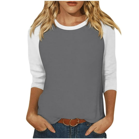 Busydd Womens Tops Color Block Patchwork 3/4 Sleeve Blouses Spring Summer Round Neck Tshirts Fashion Casual Comfy Loose Tee Tops Versatile Oversized Going Out Tops S-4XL