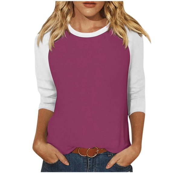 Busydd Womens Tops Color Block Patchwork 3/4 Sleeve Blouses Spring Summer Round Neck Tshirts Fashion Casual Comfy Loose Tee Tops Versatile Oversized Going Out Tops S-4XL