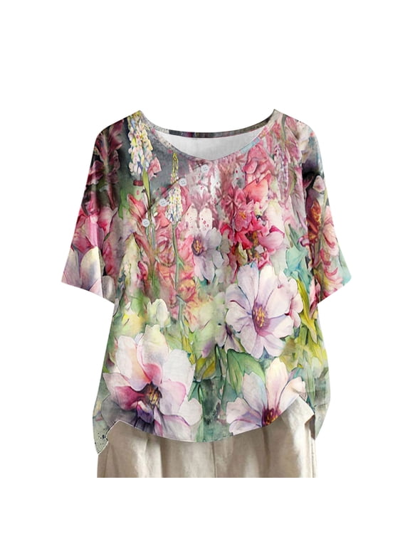 Womens Tops Cotton Linen Button Down Blouses Bohemian Tropical Floral Print Shirts Summer Fashion Casual Loose Short Sleeve Tee Tops Hawaiian Beach Vacation Shirts,Plus Size S-5XL