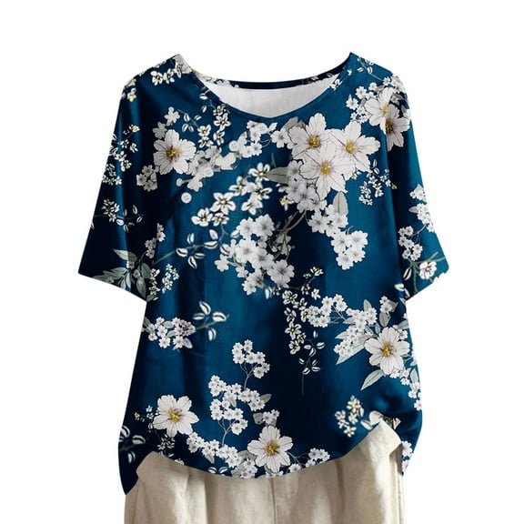 Busydd Womens Tops Cotton Linen Button Down Blouses Bohemian Tropical Floral Print Shirts Summer Fashion Casual Loose Short Sleeve Tee Tops Hawaiian Beach Vacation Shirts,Plus Size S-5XL