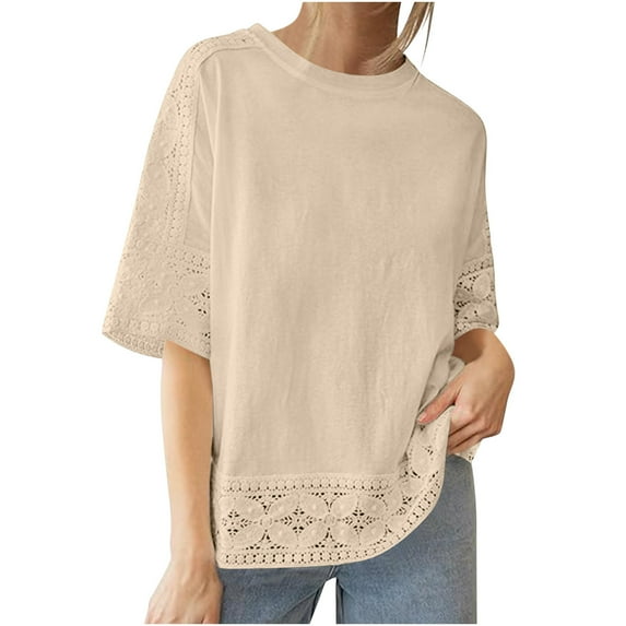 Busydd Womens Tops Cotton Linen Short Sleeve Shirts for Women Fashion Lace Solid Color Summer Tops Casual Dressy Round Neck Blouses Loose Comfy Going Out Tops