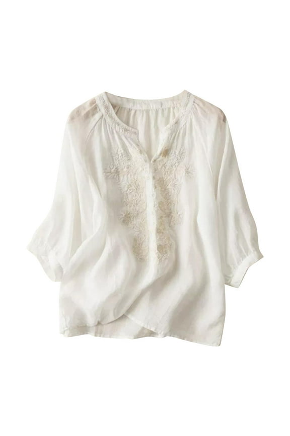 Womens Tops Cotton Linen Solid Color Shirts,Mexican Embroidered Peasant Blouses Short Sleeve Collar T Shirts,Summer Casual Baggy Comfy Oversized Tops