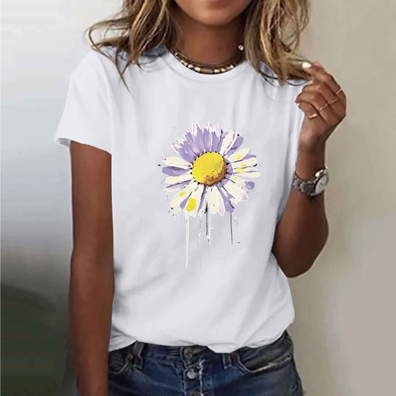 Busydd Womens Tops Cotton Short Sleeve Sunflower Print Summer Tops for Women Trendy Comfortable Round Neck T Shirts for Women Casual Versatile Graphic Tees 2XL