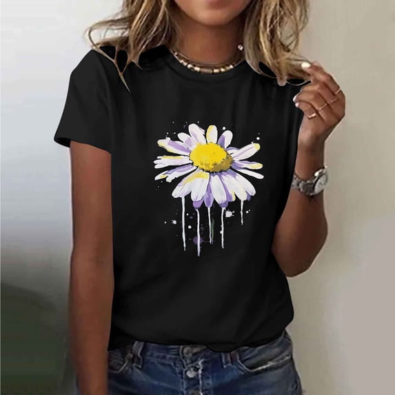 Busydd Womens Tops Cotton Short Sleeve Sunflower Print Summer Tops for Women Trendy Comfortable Round Neck T Shirts for Women Casual Versatile Graphic Tees S