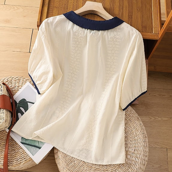 Busydd Womens Tops Dressy Casual Colorblock Patchwork Summer Tops Trendy Round Neck Short Sleeve Cotton Linen Shirts Comfortable Button Women Blouses XL
