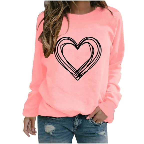 Busydd Womens Tops Dressy Casual Long Sleeve Spring Summer Tops Fashion Heart Print Valentine's Day T-Shirts Comfy Versatile Round Neck Valentines Tee Tops