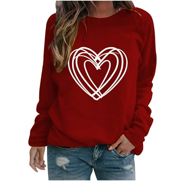 Busydd Womens Tops Dressy Casual Long Sleeve Spring Summer Tops Fashion Heart Print Valentine's Day T-Shirts Comfy Versatile Round Neck Valentines Tee Tops