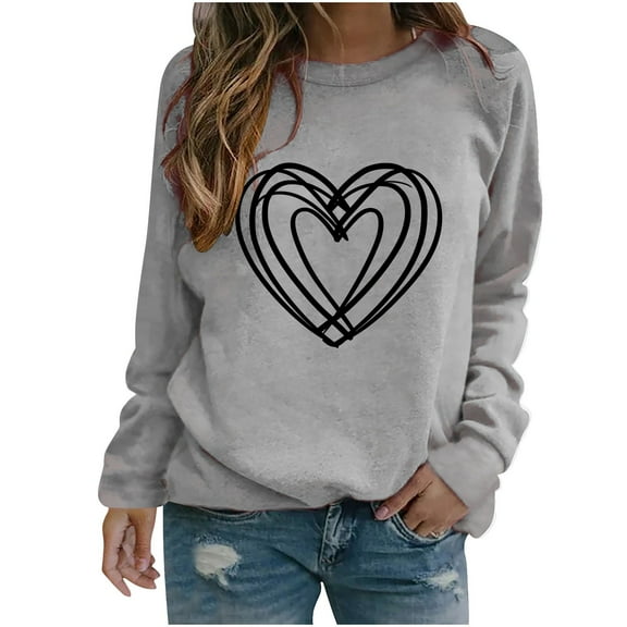 Busydd Womens Tops Dressy Casual Long Sleeve Spring Summer Tops Fashion Heart Print Valentine's Day T-Shirts Comfy Versatile Round Neck Valentines Tee Tops