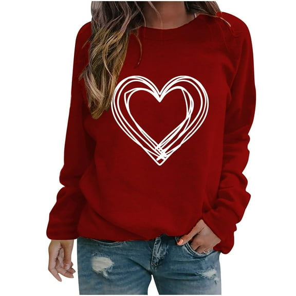 Busydd Womens Tops Dressy Casual Long Sleeve Spring Summer Tops Fashion Heart Print Valentine's Day T-Shirts Comfy Versatile Round Neck Valentines Tee Tops