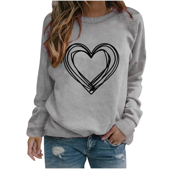 Busydd Womens Tops Dressy Casual Long Sleeve Spring Summer Tops Fashion Heart Print Valentine's Day T-Shirts Comfy Versatile Round Neck Valentines Tee Tops
