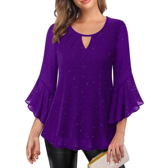 Busydd Womens Tops Dressy Casual Round Neck Glitter Going Out Tops for Women Fashion Solid Color Ruffle 3/4 Length Sleeve Ladies Tops and Blouses 2XL