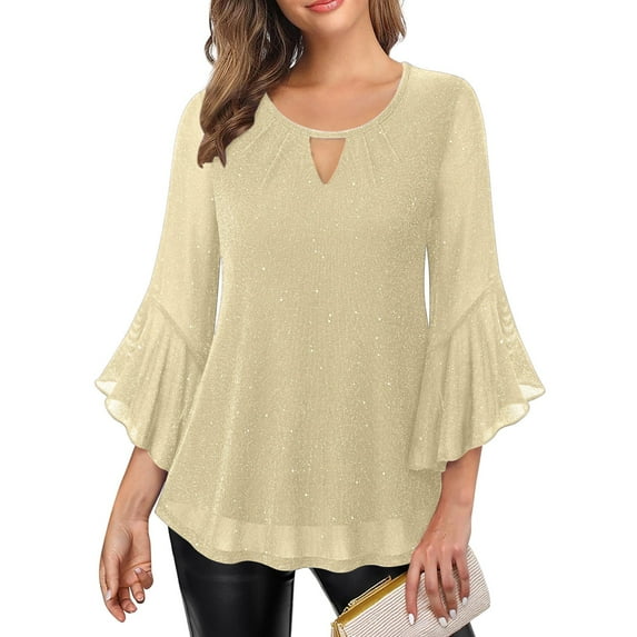 Busydd Womens Tops Dressy Casual Round Neck Glitter Going Out Tops for Women Fashion Solid Color Ruffle 3/4 Length Sleeve Ladies Tops and Blouses XL