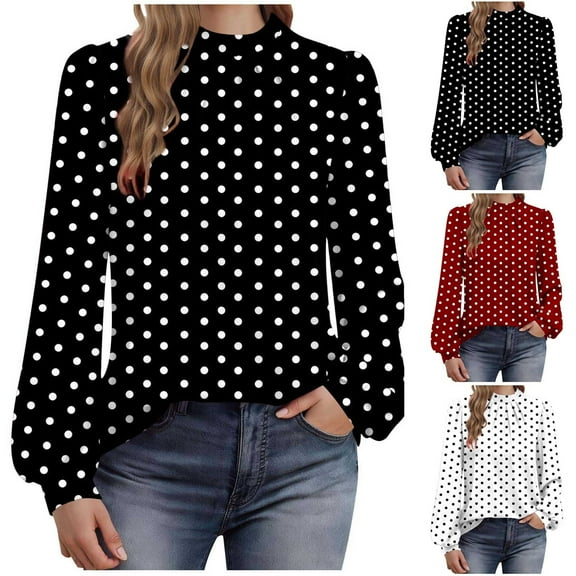 Busydd Womens Tops Dressy Casual Round Neck Womens Long Sleeve Tops Trendy Pleated Polka Dot Print Ladies Tops and Blouses XL