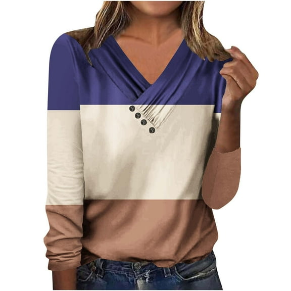 Busydd Womens Tops Fall Fashion Colorblock Patchwork Tee Tops Casual V Neck Long Sleeve Shirts for Women Pleated Loose Going Out Tops Comfy Versatile Button Up Blouses