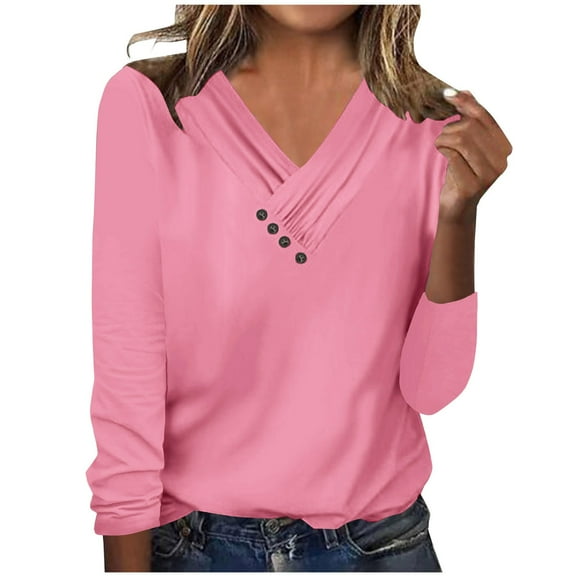 Busydd Womens Tops Fall Fashion Solid Color Button Up Blouses Casual V Neck Long Sleeve Shirts for Women Pleated Loose Going Out Tops Comfort Versatile Tee Tops