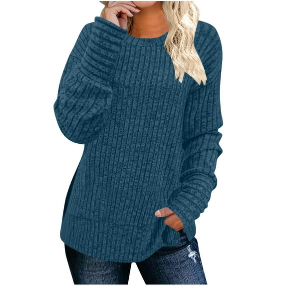 Busydd Womens Tops Fall Trendy Solid Color Ribbed Crewneck Sweatshirt Casual Versatile Long Sleeve Tops for Women M