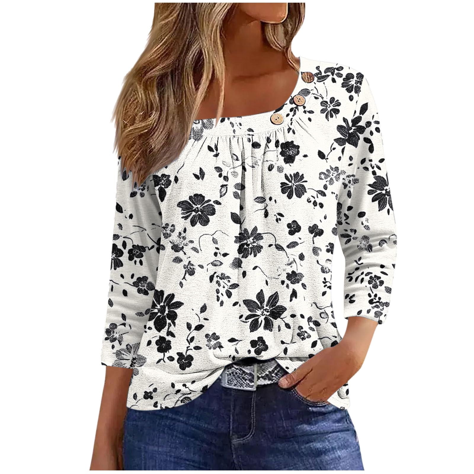 Fashion 3/4 Sleeve V Neck Abstract Floral Casual Regular T-Shirt