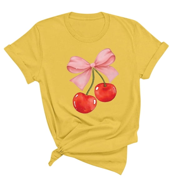 Busydd Womens Tops Fashion Cherries Graphic Tee Shirts Round Neck Short Sleeve Summer Tops Casual Loose T-Shirts for Women
