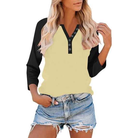 Busydd Womens Tops Fashion Colorblock Patchwork 3/4 Length Sleeve Tops for Women V Neck Button Womens T-Shirts Comfy Casual Tops for Women M