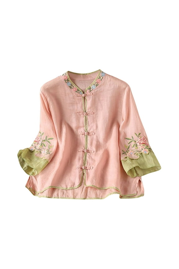Womens Tops Fashion Floral Embroidered Button Peasant Shirts Casual 3/4 Length Sleeve V Neck Summer Tops for Women Comfortable Loose Spring Tops