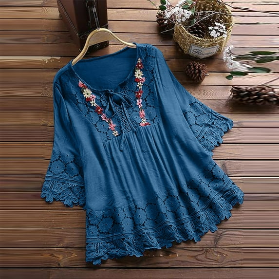 Busydd Womens Tops Fashion Lace Cotton Linen Shirts Casual 3/4 Length Sleeve Round Neck Summer Tops for Women Solid Color Flower Peasant Blouses Comfortable Loose Drawstring Spring Tops