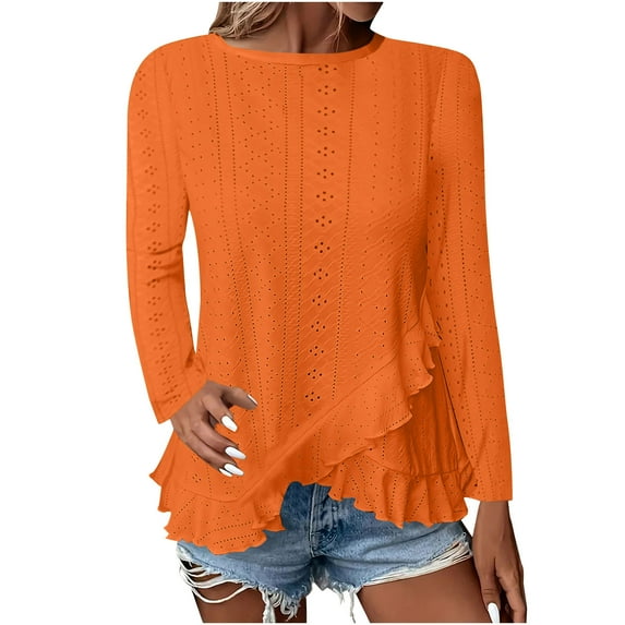 Busydd Womens Tops Fashion Ruffle Hem Long Sleeve Blouses for Women Casual Solid Color Spring Summer T-Shirts Round Neck Breathable Going Out Tops