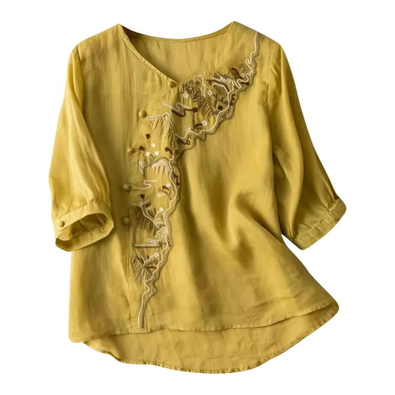 Busydd Womens Tops Fashion Solid Color Embroidered Button Peasant Shirts Casual 1/2 Length Sleeve V Neck Summer Tops for Women Comfortable Loose Spring Tops
