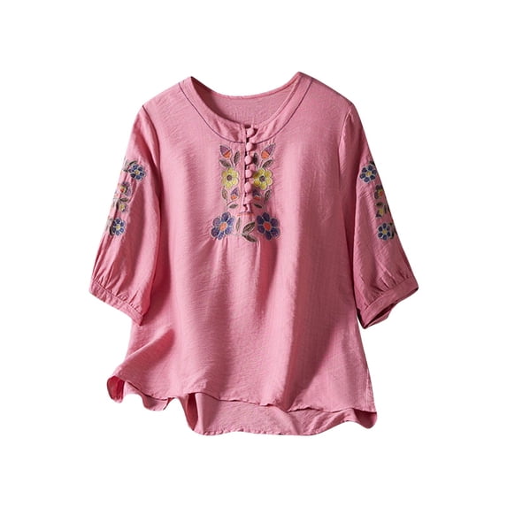 Busydd Womens Tops Fashion Solid Color Embroidered Button Peasant Shirts Casual 3/4 Length Sleeve Round Neck Summer Tops for Women Comfortable Loose Spring Tops