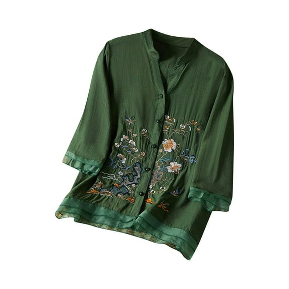 Busydd Womens Tops Fashion Solid Color Embroidered Button Peasant Shirts Casual 3/4 Length Sleeve V Neck Summer Tops for Women Comfortable Loose Spring Tops