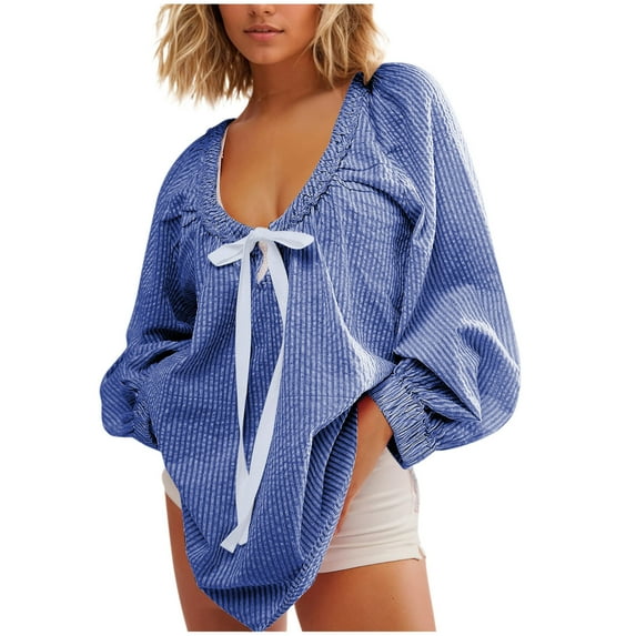 Busydd Womens Tops Fashion Striped Long Sleeve Shirts for Women Casual Dressy Round Neck Drawstring Shirts Comfort Loose Going Out Tops Blouses