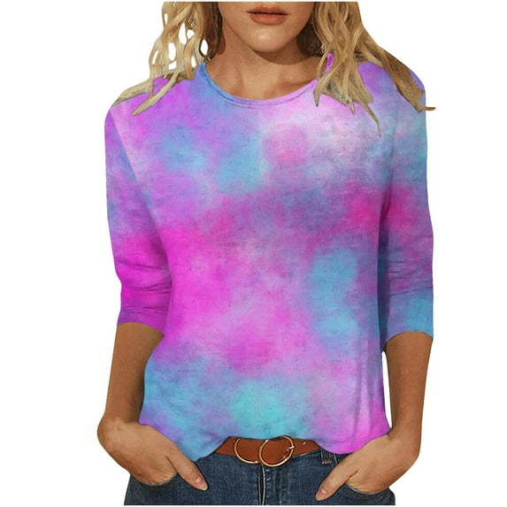 Busydd Womens Tops Fashion Tie Dye Blouses Casual Loose Round Neck T-Shirts 3/4 Length Sleeve Shirts Going Out Tops for Women