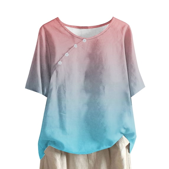 Busydd Womens Tops Fashion Tie Dye Boho Blouses Short Sleeve Round Neck Button T-Shirts Floral Print Beach Linen Shirts Casual Loose Summer Tops Plus Size Tops for Women,S-4XL