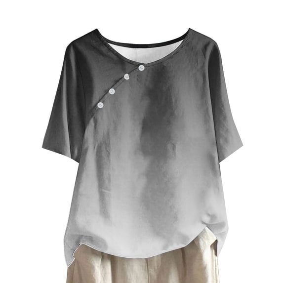 Busydd Womens Tops Fashion Tie Dye Boho Blouses Short Sleeve Round Neck Button T-Shirts Floral Print Beach Linen Shirts Casual Loose Summer Tops Plus Size Tops for Women,S-4XL