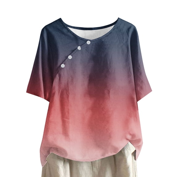 Busydd Womens Tops Fashion Tie Dye Boho Blouses Short Sleeve Round Neck Button T-Shirts Floral Print Beach Linen Shirts Casual Loose Summer Tops Plus Size Tops for Women,S-4XL
