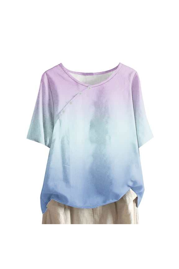 Womens Tops Fashion Tie Dye Boho Blouses Short Sleeve Round Neck Button T-Shirts Floral Print Beach Linen Shirts Casual Loose Summer Tops Plus Size Tops for Women,S-4XL