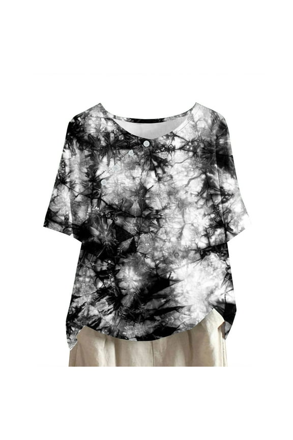 Womens Tops Fashion Tie Dye Boho Blouses Short Sleeve Round Neck Button T-Shirts Floral Print Hawaiian Shirts Casual Loose Comfort Summer Tops Plus Size Tops for Women,S-4XL