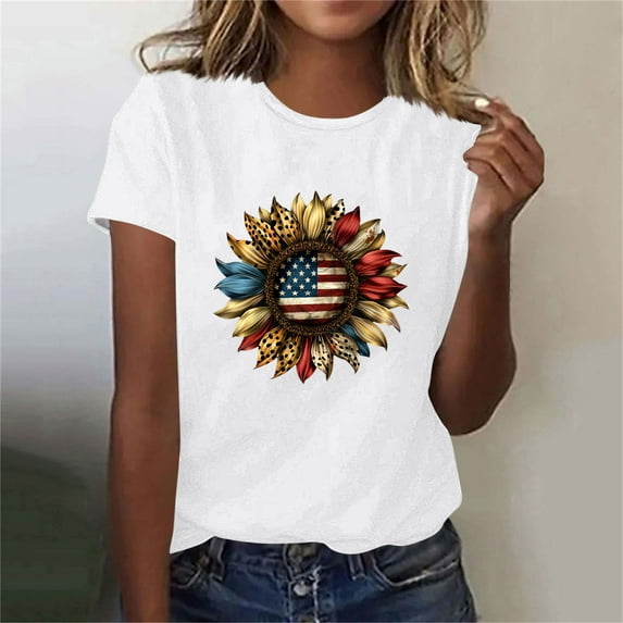 Busydd Womens Tops Independence Day T Shirts for Women Casual Short Sleeve Round Neck Summer Tops American Flag Print Patriotic Tshirts Stylish Comfortable Cotton Graphic Tees L