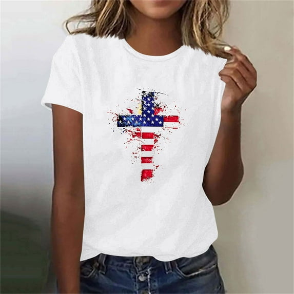 Busydd Womens Tops Independence Day T Shirts for Women Casual Short Sleeve Round Neck Summer Tops American Flag Print Patriotic Tshirts Stylish Comfortable Cotton Graphic Tees S
