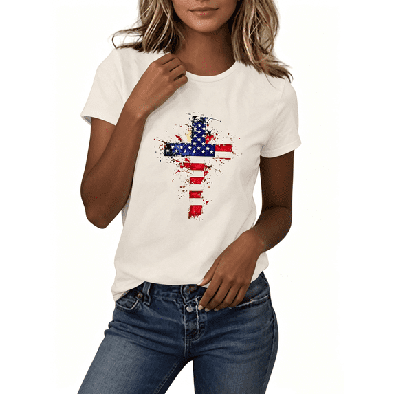 Busydd Womens Tops Independence Day T Shirts for Women Casual Short Sleeve Round Neck Summer Tops American Flag Print Patriotic Tshirts Stylish Comfortable Cotton Graphic Tees L