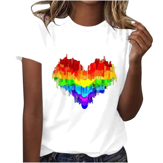 Busydd Womens Tops LGBT Inspirational Pride Shirts Trendy Colorful Heart Graphic Tee Tops Summer Casual Short Sleeve Equality Shirts Round Neck Comfy Versatile Blouses Going Out Tops for Women