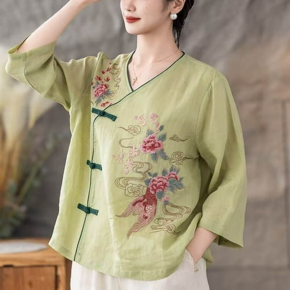 Busydd Womens Tops Plus Size M-4XL Casual Solid Color 1/2 Length Sleeve Summer Tops for Women Trendy Embroidered V Neck Cotton Linen Shirts Spring Loose Going Out Tops for Women