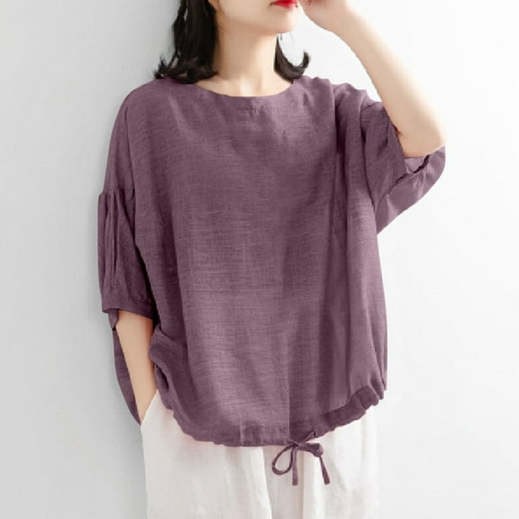 Busydd Womens Tops Plus Size M-4XL Casual Solid Color 1/2 Length Sleeve Summer Tops for Women Trendy Peasant Round Neck Cotton Linen Shirts Spring Loose Going Out Tops for Women