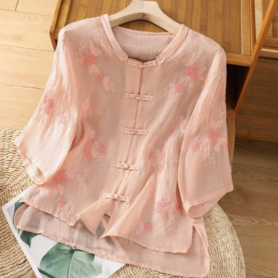 Busydd Womens Tops Plus Size M-4XL Trendy Solid Color Embroidered Summer Tops for Women Casual Round Neck Going Out Tops for Women 3/4 Length Sleeve Peasant Spring Blouses