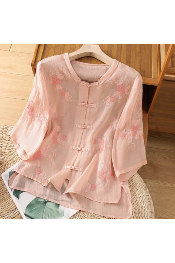 Womens Tops Plus Size M-4XL Trendy Solid Color Embroidered Summer Tops for Women Casual Round Neck Going Out Tops for Women 3/4 Length Sleeve Peasant Spring Blouses
